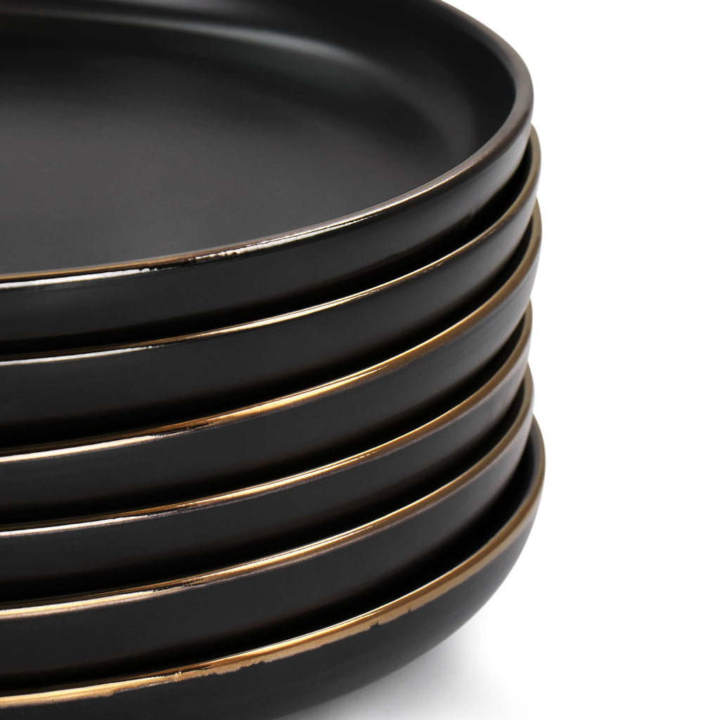 Elama Paul 6 Piece Stoneware Dinner Plate Set in Matt Black with Gold Rim
