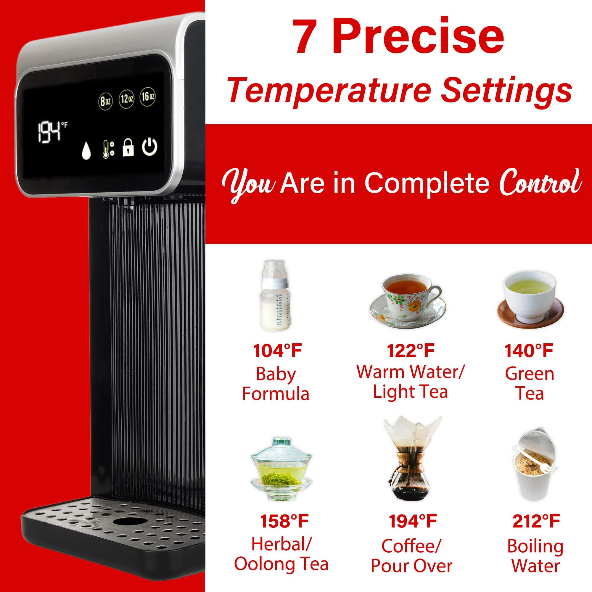 Brentwood KT-2300DBK 3 Liter 1800W Digital Instant Hot Water Dispenser - Black, 7 Temperature Presets with Child Safety Lock