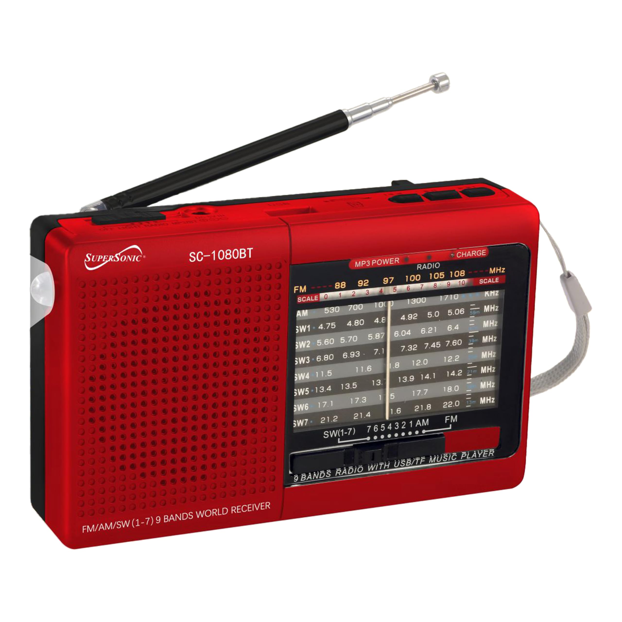 SuperSonic SC-1080BT 9-band AM/FM/shortwave Bluetooth radio with flashlight, red