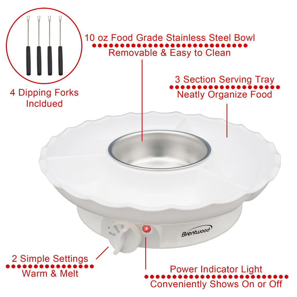 Brentwood TS-604W Electric Fondue Pot Set with 3-Section Serving Tray and 4 Dipping Forks - 10 oz Stainless Bowl