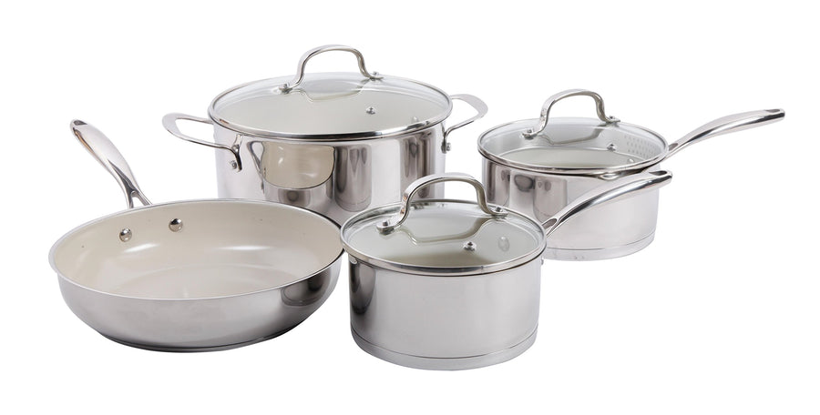 Gibson Cuisine Gleaming 7-Piece Stainless Steel Cookware Set with Ceramic Nonstick Interior