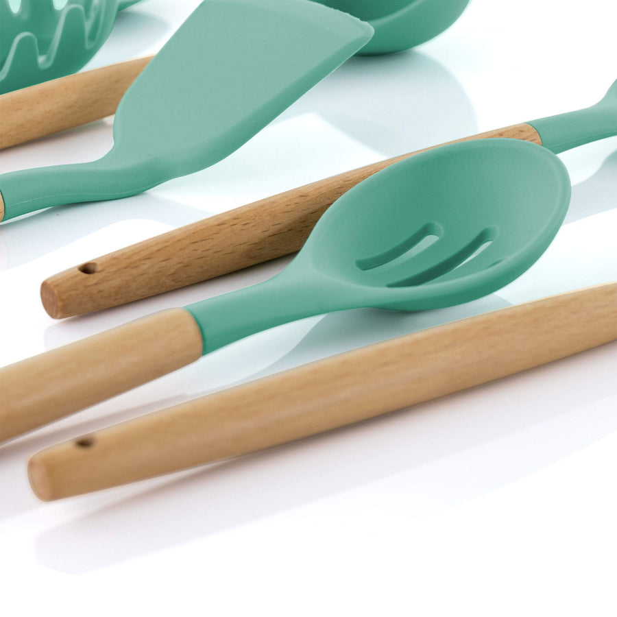 MegaChef 9-Piece Silicone and Wood Kitchen Utensil Set with Ceramic Holder, Mint Green