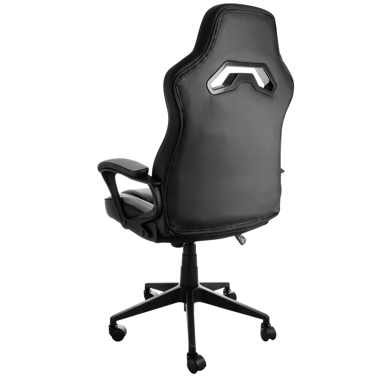 Elama gray and black high back office chair, back three-quarter view showing the ventilated upper back and swivel base