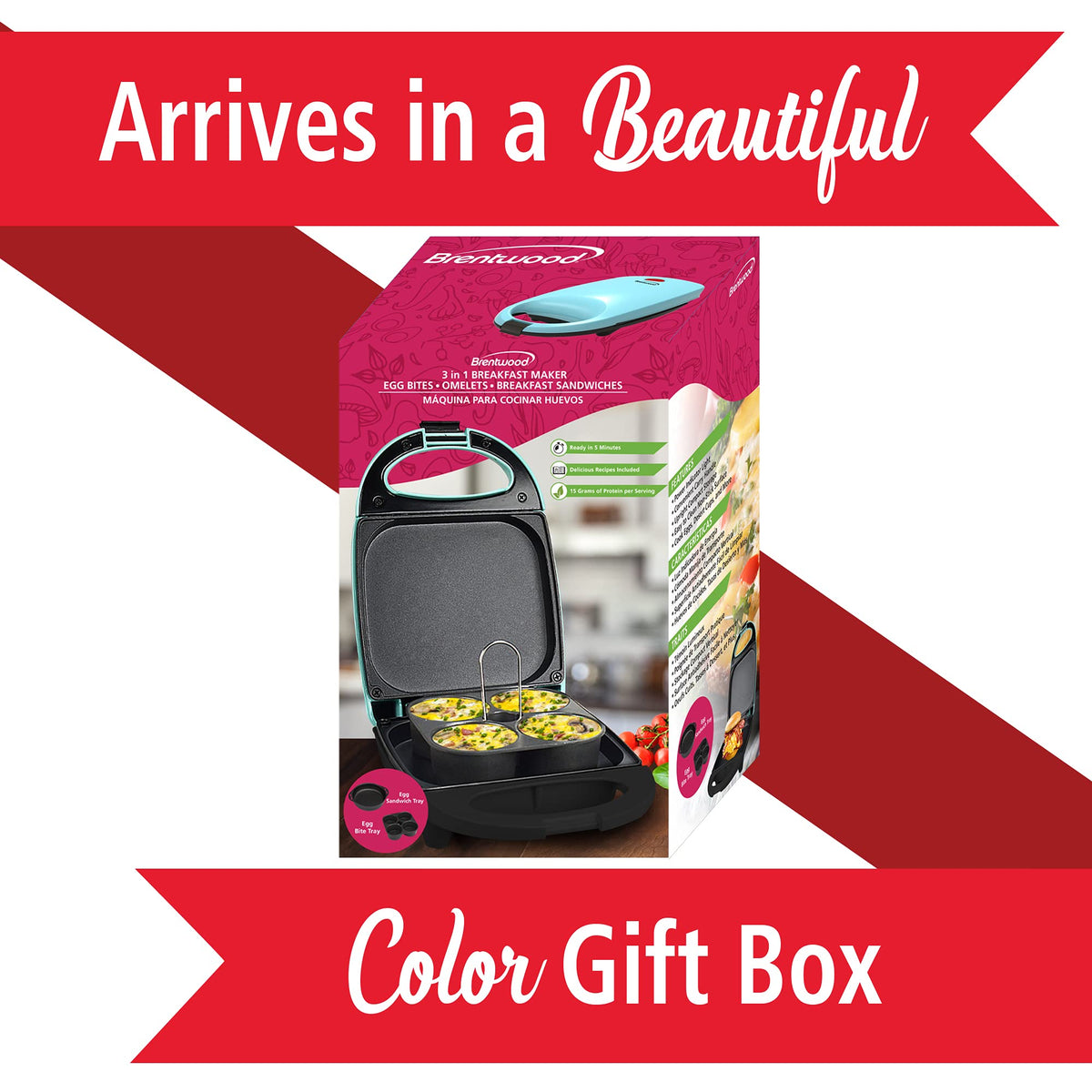 Brentwood blue egg bite maker in its color gift box packaging