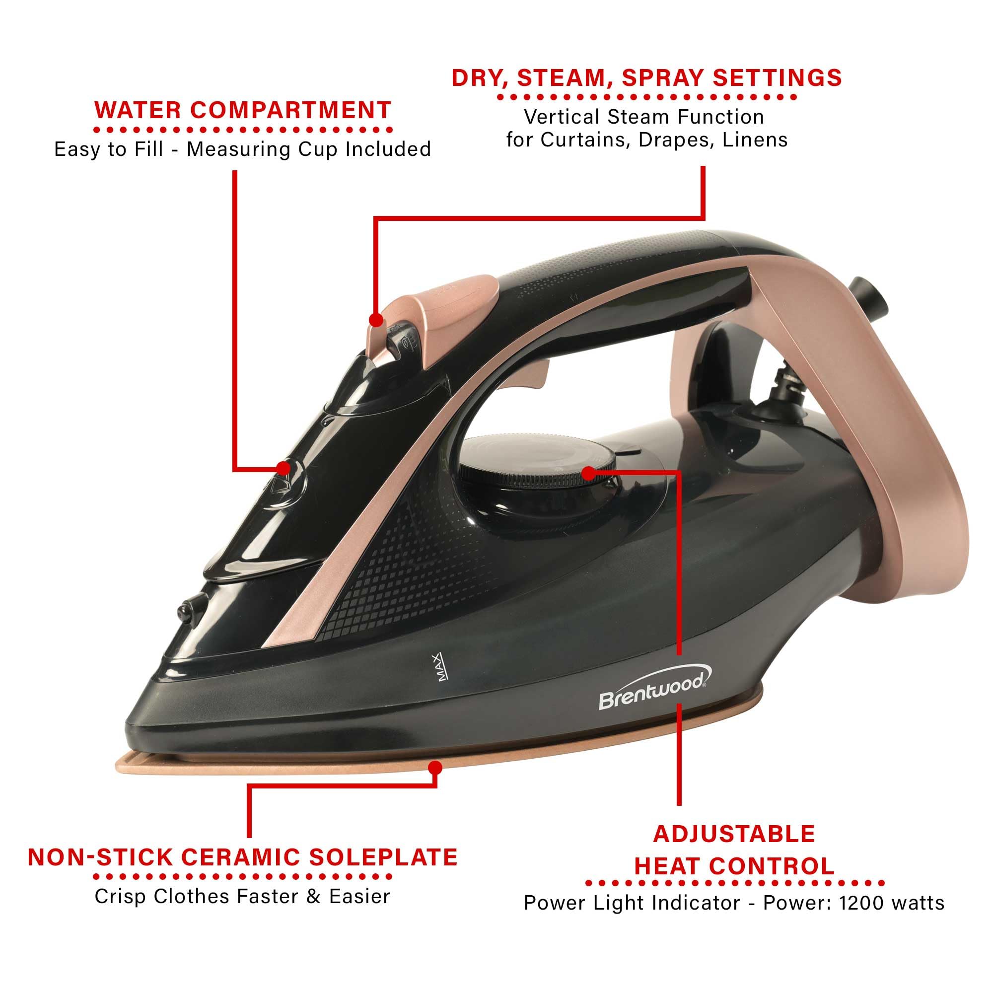 Brentwood MPI-69BKRG 1200W Ceramic Non-Stick Steam Iron with Vertical Steam & Self-Clean - Rose Gold