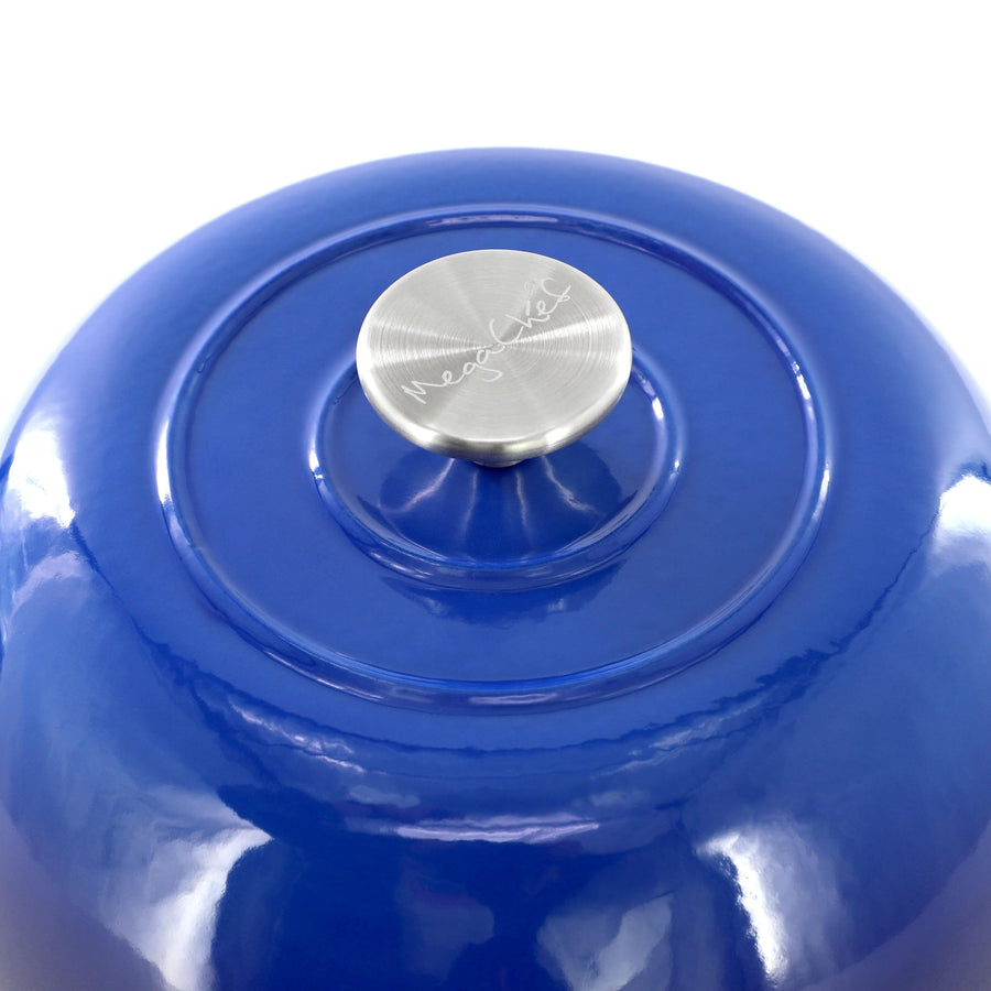 Stainless steel knob on the blue domed cast iron lid