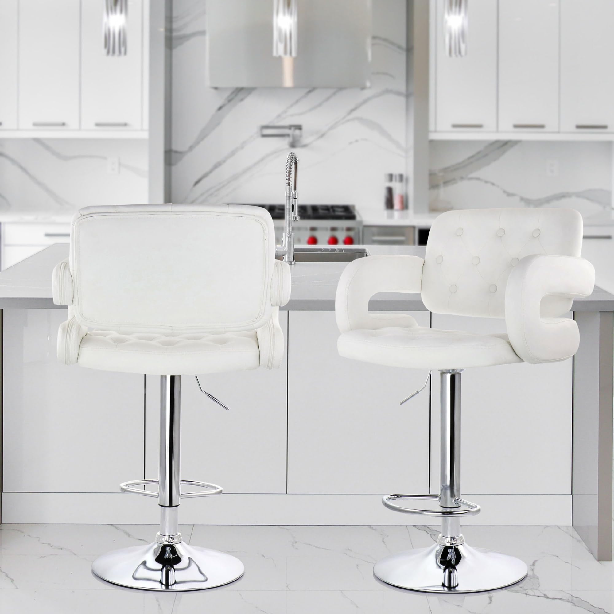 Elama Modern Faux Leather Tufted Bar Stool – White with Chrome Swivel Base