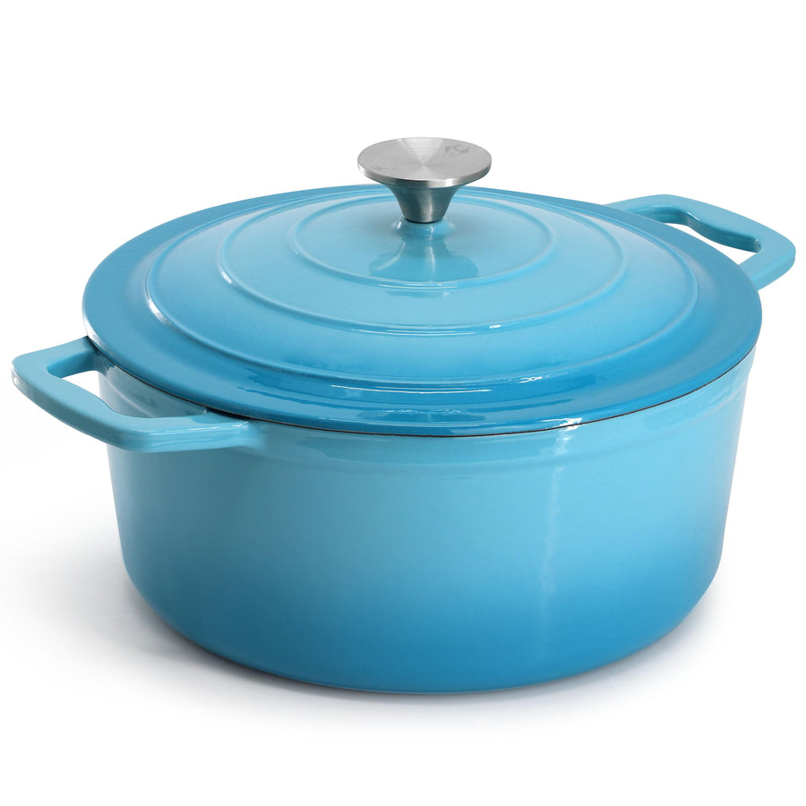 MegaChef Enameled Cast Iron Casserole with Self-Basting Lid, 5 Qt Round, 10.25 Inch, Blue