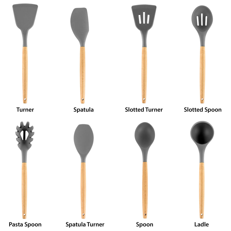 MegaChef 9-Piece Silicone and Wood Kitchen Utensil Set with Ceramic Holder, Gray
