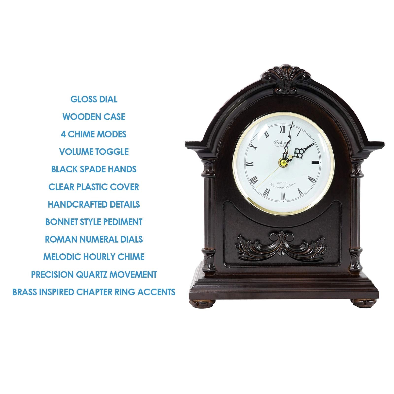 Bedford Wood Mantel Clock with Westminster Chimes – Traditional Quartz Shelf Clock for Living Room, Office & Mantelpiece