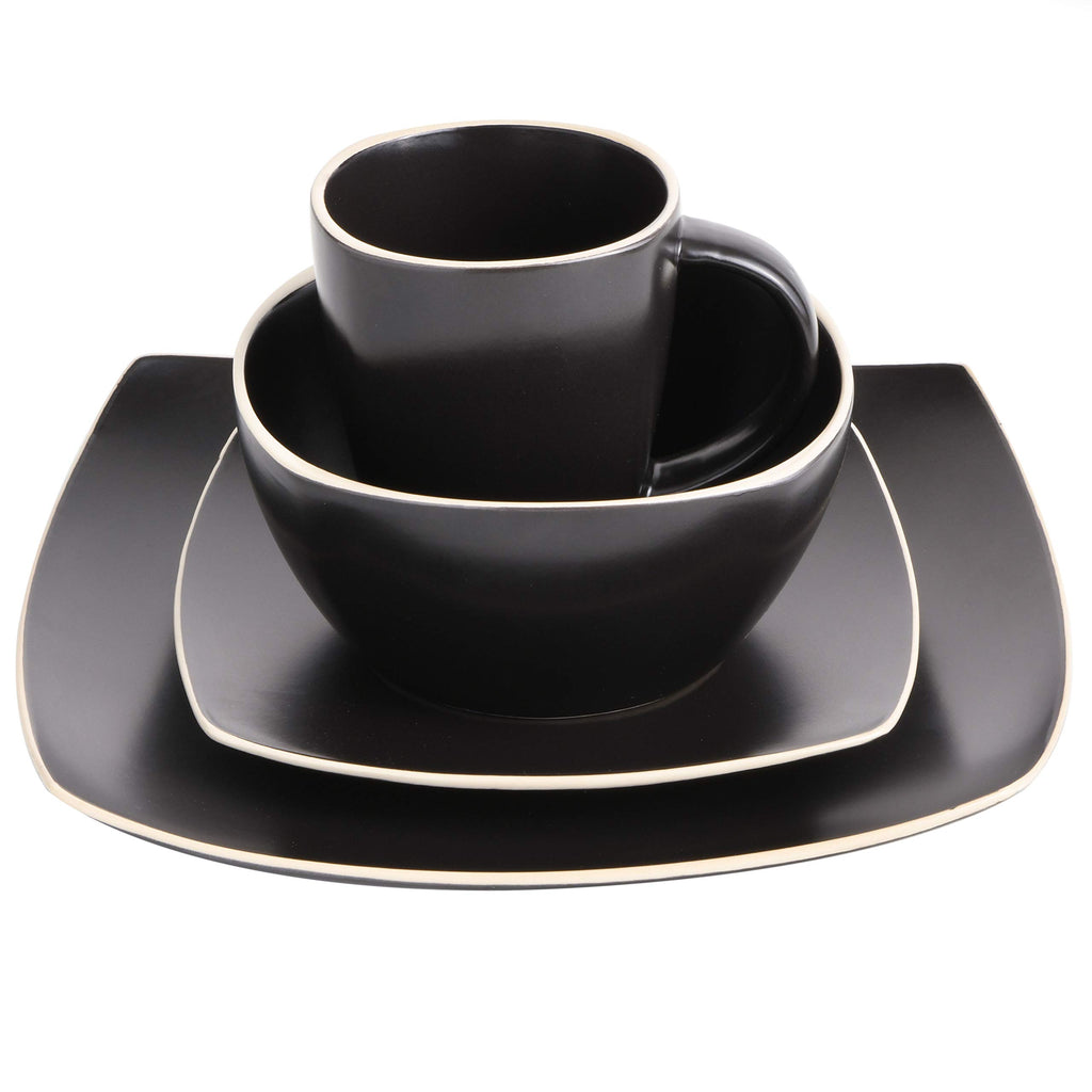 Gibson Home Soho Lounge 16-Piece Square Stoneware Dinnerware Set – Matte Black, Service for 4 (Microwave & Dishwasher Safe)