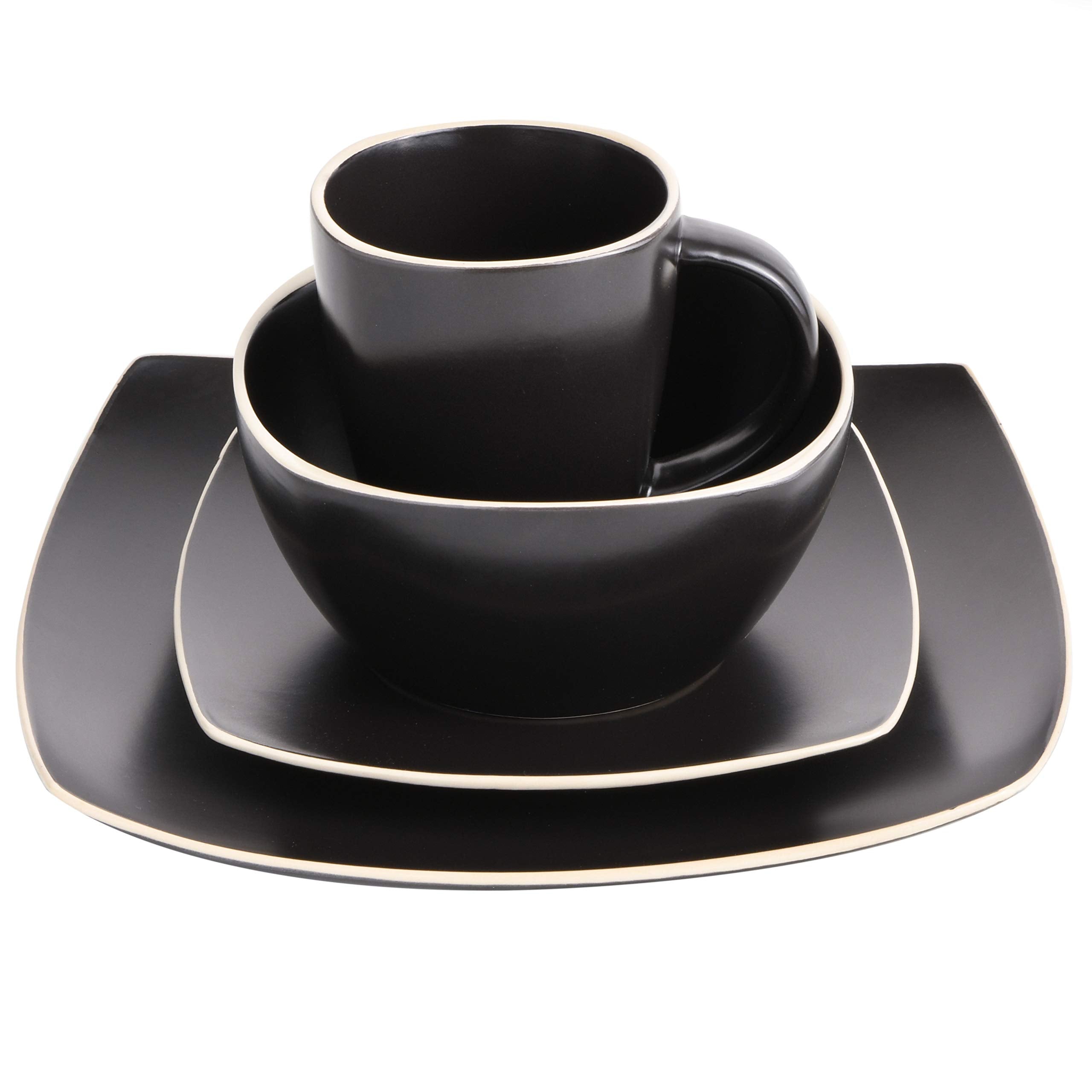 Gibson Home Soho Lounge 16-Piece Square Stoneware Dinnerware Set – Matte Black, Service for 4 (Microwave & Dishwasher Safe)