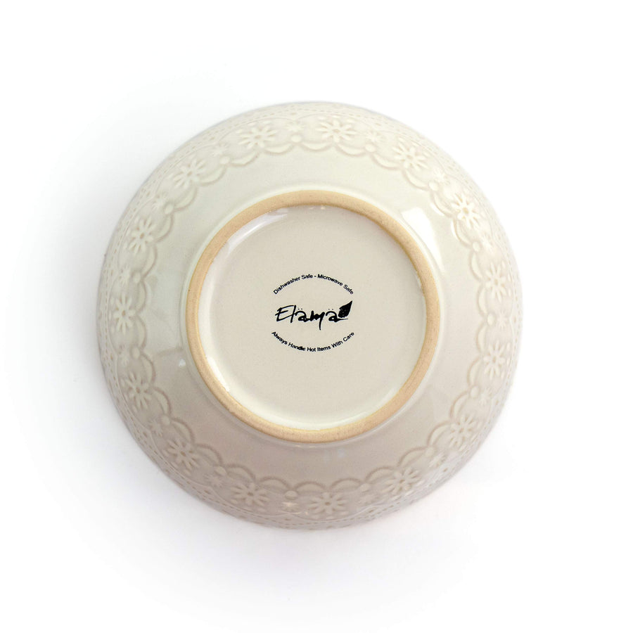 Bottom of the Elama Contessa ivory stoneware bowl with dishwasher and microwave safe backstamp