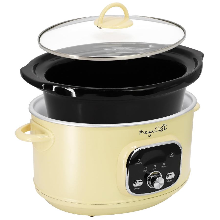 Ivory slow cooker with removable black ceramic crock and tempered glass lid lifted