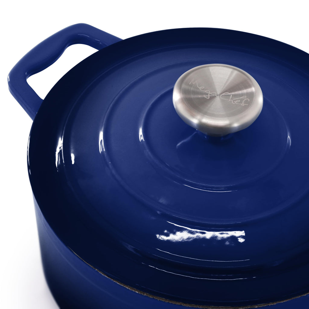 MegaChef 7-Piece Enameled Cast Iron Cookware Set in Blue — 5-Qt Dutch Oven, Skillet, Saucepan, Sauté & Lids, Induction-Compatible Heirloom Cookware