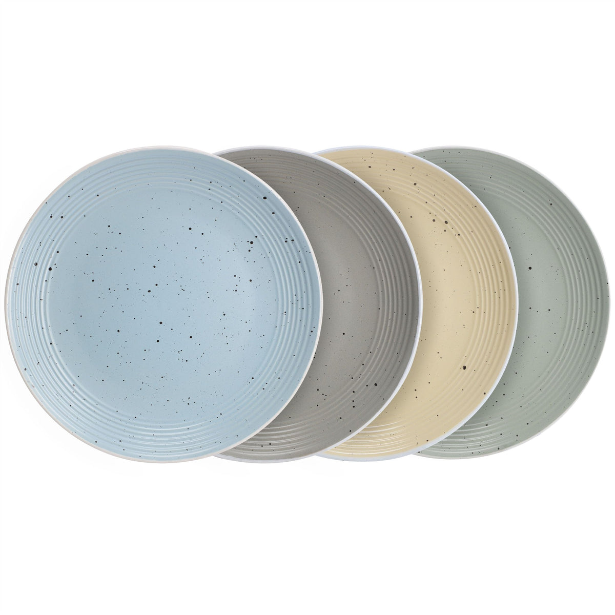 Four Elama Emilia speckled stoneware plates fanned out in light blue, gray, cream yellow and green with ribbed rims