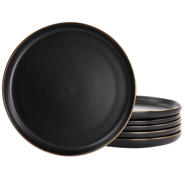 Elama Paul 6-Piece Stoneware Dinner Plate Set – Matte Black with Elegant Gold Rim, 10.5" Modern Plates
