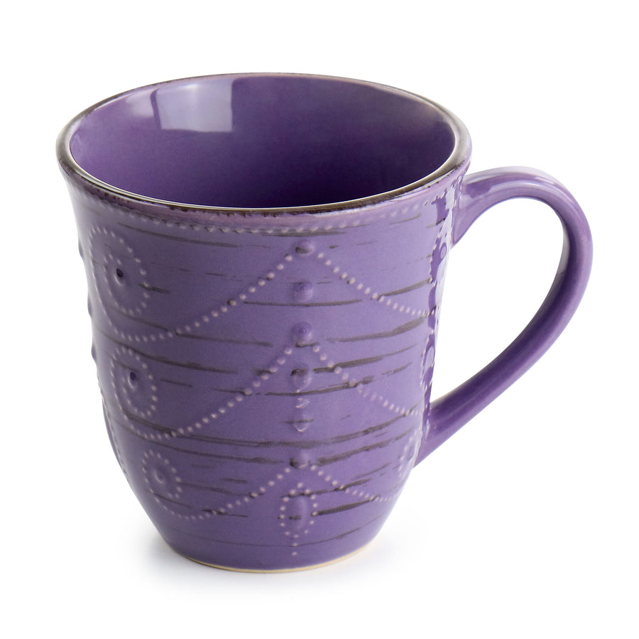 Elama Rustic Birch 16 Piece Embossed Scalloped Stoneware Dinnerware Set, Purple with Brown Accents