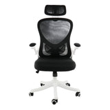 Elama white and black ergonomic mesh office chair, front view showing the headrest, black mesh back and white five-star base