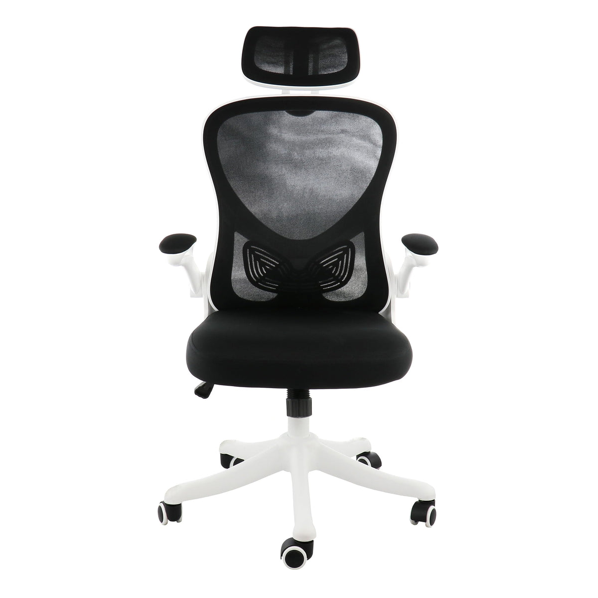 Elama white and black ergonomic mesh office chair, front view showing the headrest, black mesh back and white five-star base
