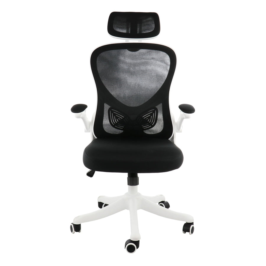 Elama white and black ergonomic mesh office chair, front view showing the headrest, black mesh back and white five-star base