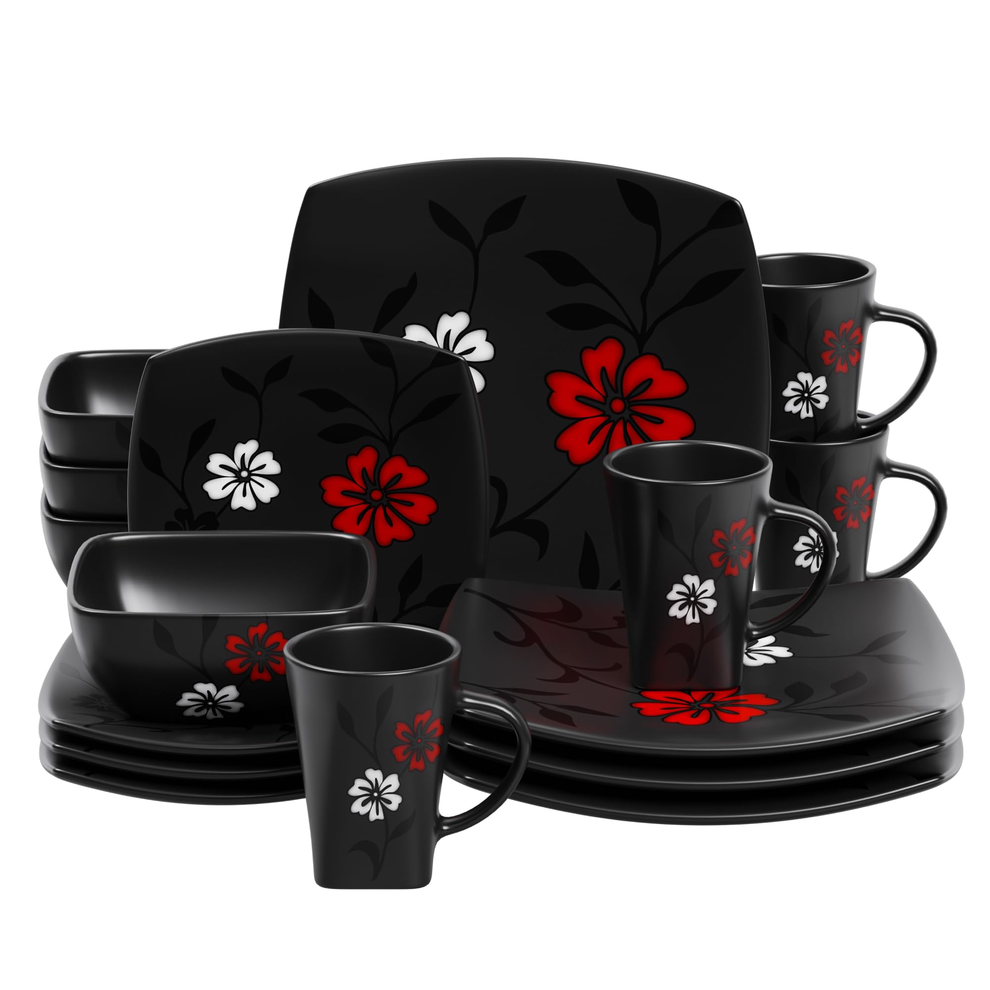 Gibson Elite Evening Blossom 16-Piece Stoneware Dinnerware Set – Black Floral, Service for 4