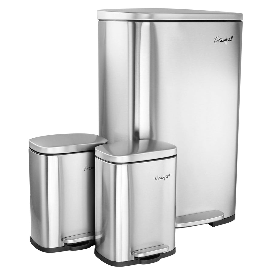 Elama stainless steel step trash can set, 13 gallon kitchen can and two 1.3 gallon bins