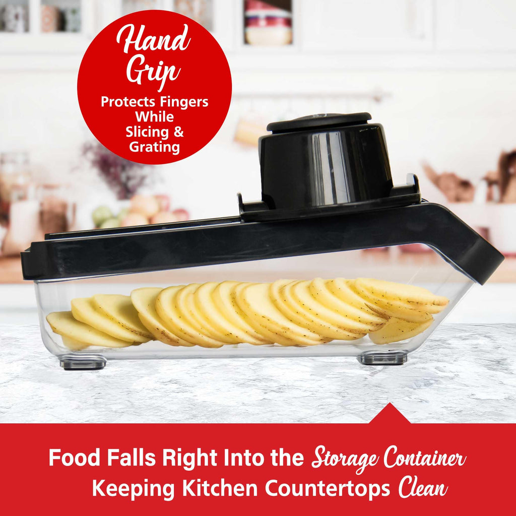 Brentwood 3.6-Cup Mandoline Slicer & Cheese Grater – Black with 6 Interchangeable Stainless Steel Blades & Catch Container