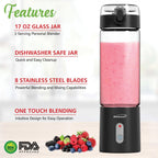 Brentwood RJB-100BK 17 oz Portable USB Rechargeable Glass Blender - Black, 16,000 RPM with BPA-Free Glass Jar