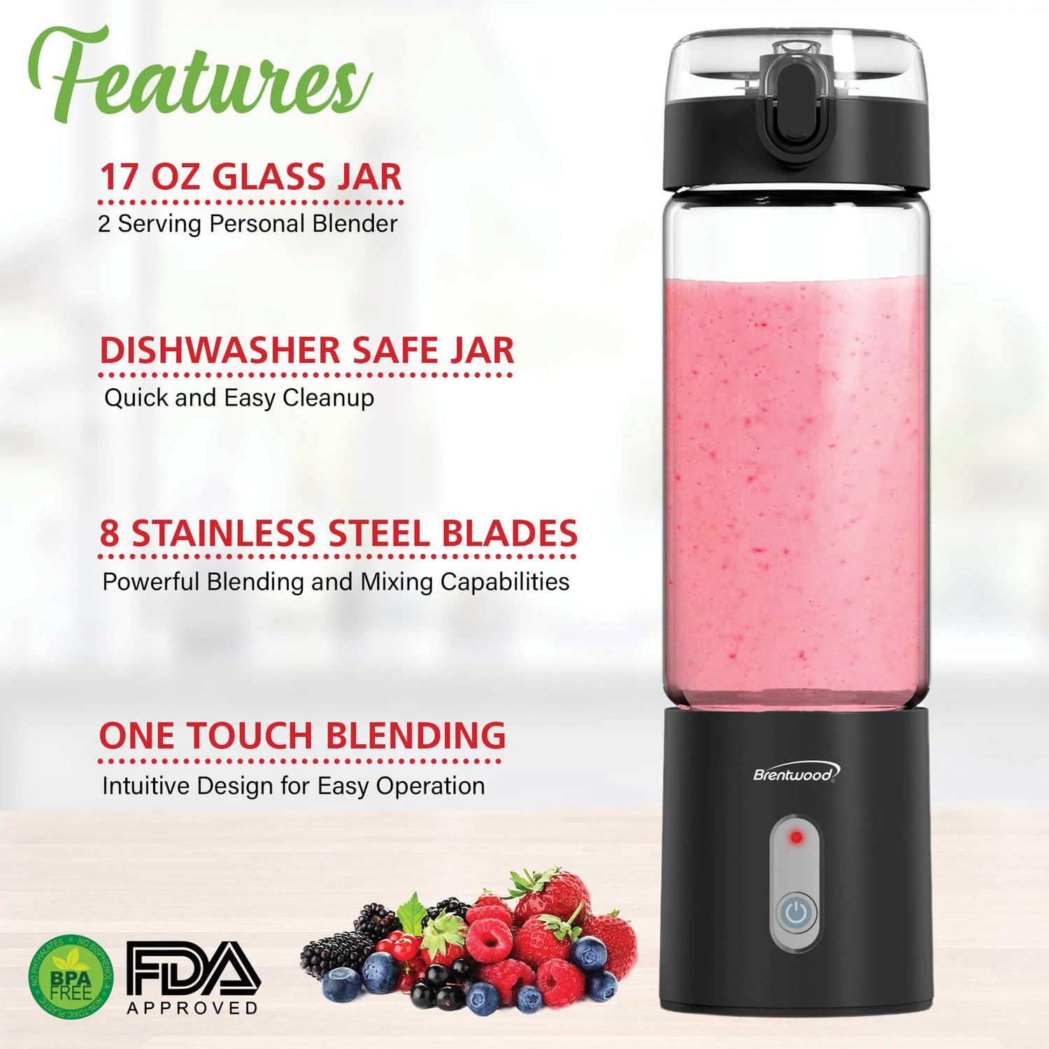 Brentwood RJB-100BK 17 oz Portable USB Rechargeable Glass Blender - Black, 16,000 RPM with BPA-Free Glass Jar