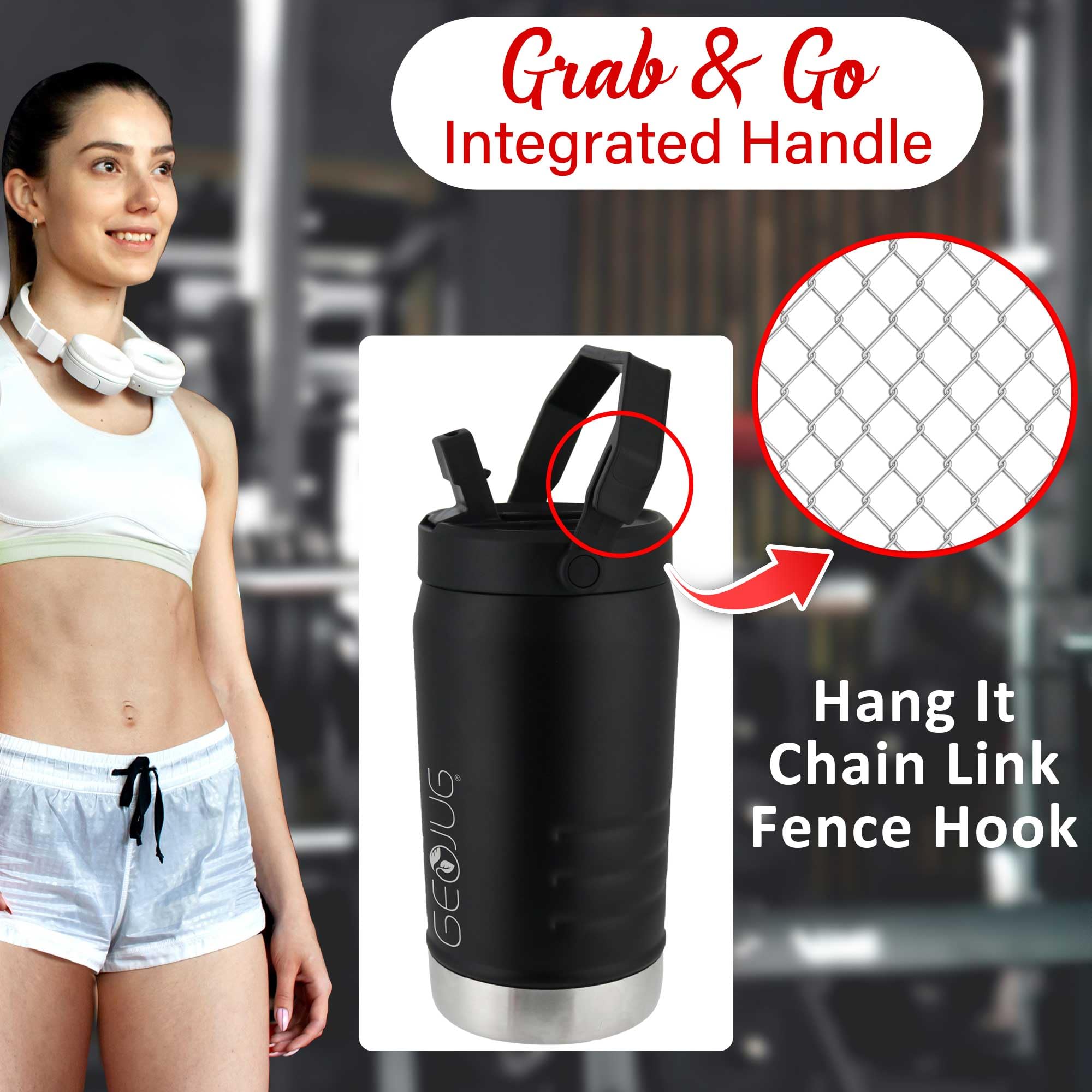 Brentwood GeoJug G-1900BK 64 oz Vacuum Insulated Sports Water Jug with Straw Lid and Fence Hook - Black