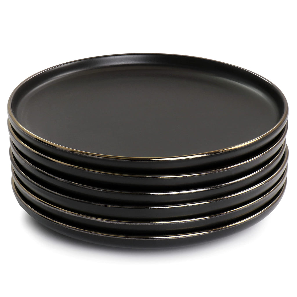 Elama Paul 6-Piece Stoneware Salad Plate Set – 8" Matte Black with Elegant Gold Rim, Microwave & Dishwasher Safe