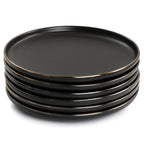 Elama Paul 6-Piece Stoneware Salad Plate Set – 8" Matte Black with Elegant Gold Rim, Microwave & Dishwasher Safe