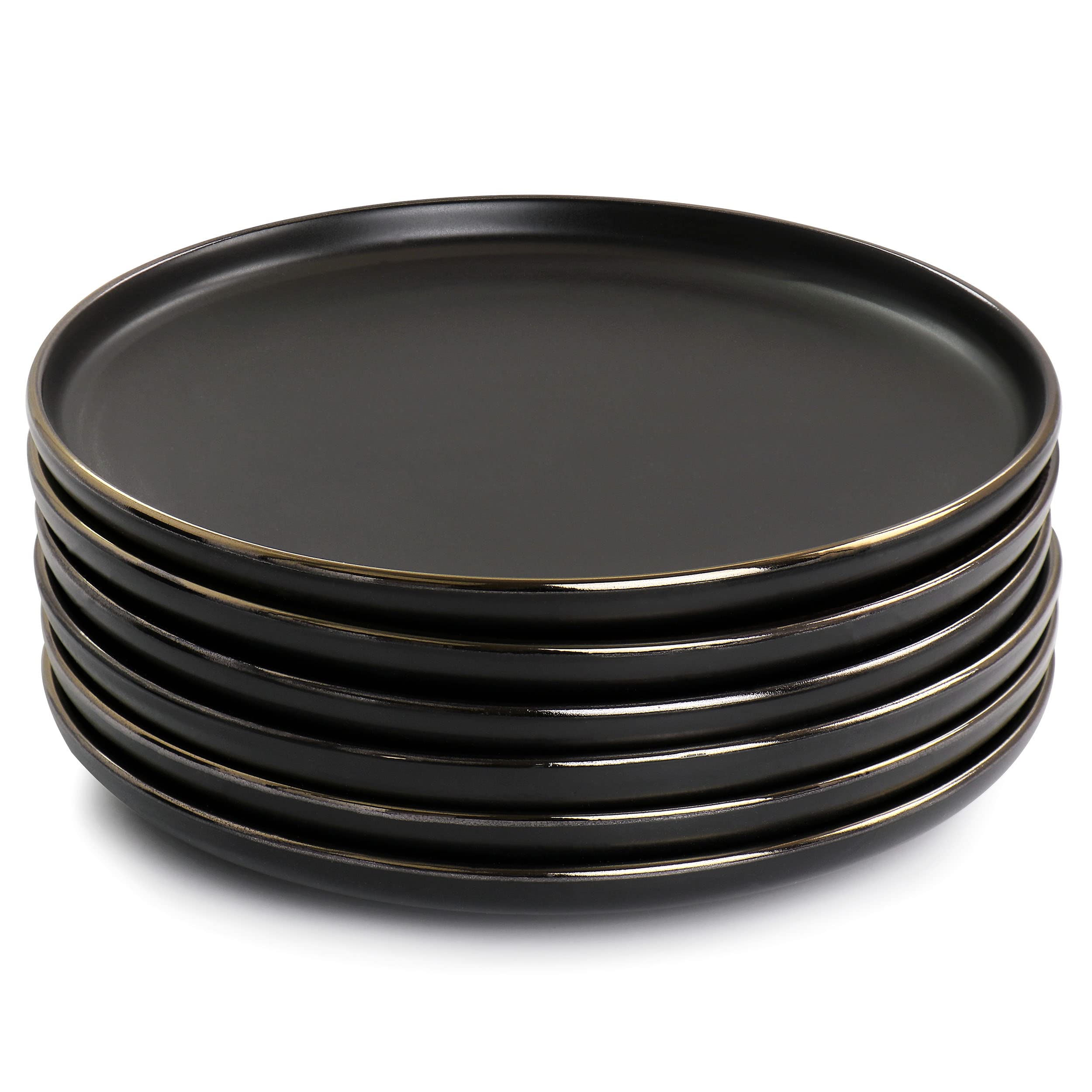 Elama Paul 6-Piece Stoneware Salad Plate Set – 8" Matte Black with Elegant Gold Rim, Microwave & Dishwasher Safe