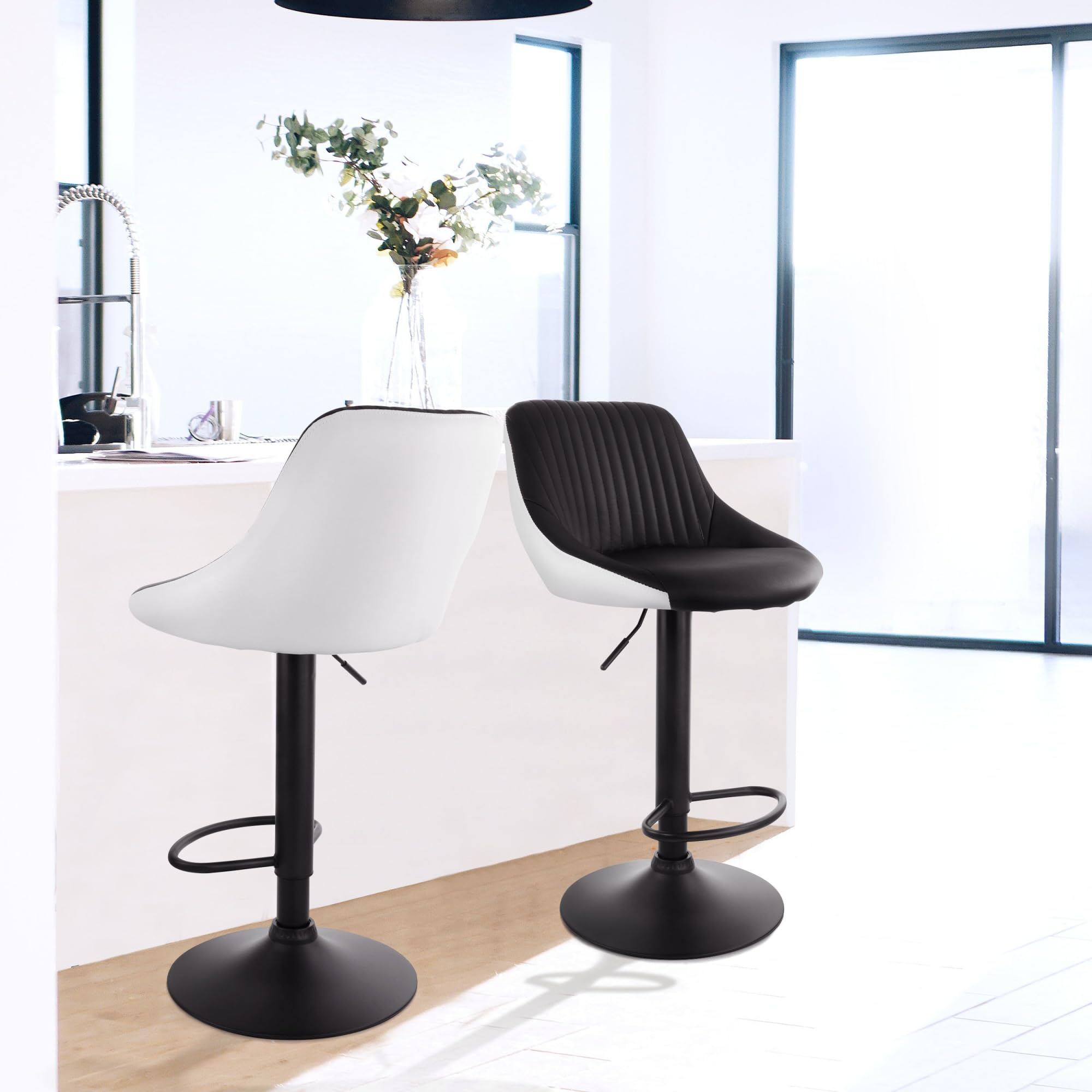 Elama Adjustable Faux Leather Bar Stool Set of 2 – Black & White with Black Base (ELM-704-1)