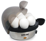 Better Chef stainless steel electric egg cooker with see-through lid, egg tray, and measuring cup for soft, medium, or hard boiled eggs