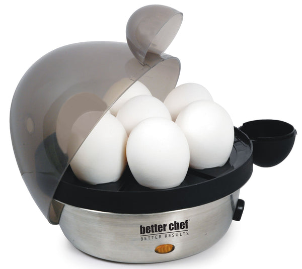 Better Chef stainless steel electric egg cooker with see-through lid, egg tray, and measuring cup for soft, medium, or hard boiled eggs