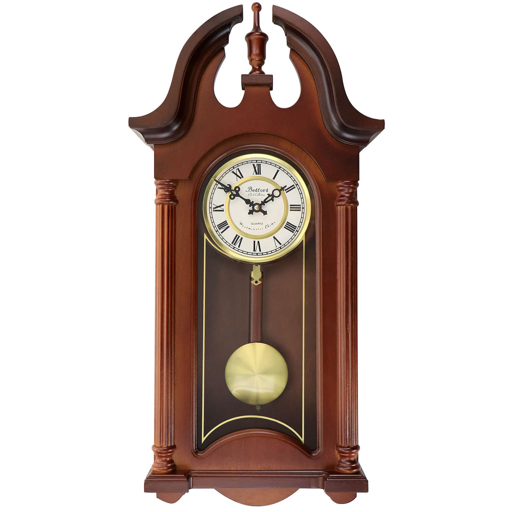 Bedford Clock Delphine 27-Inch Mahogany Chiming Pendulum Wall Clock – Roman Numerals & Golden Accents