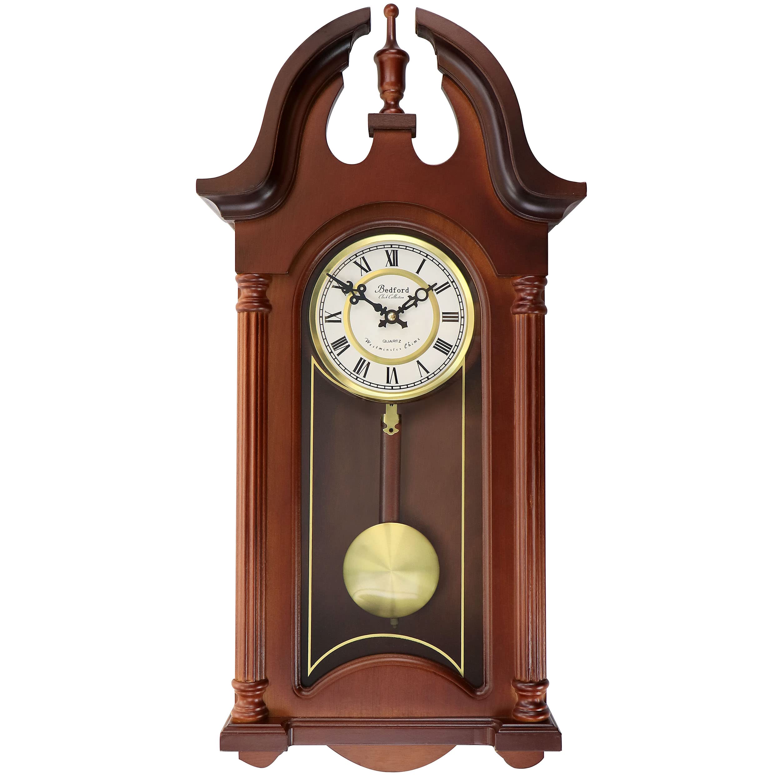 Bedford Clock Delphine 27-Inch Mahogany Chiming Pendulum Wall Clock – Roman Numerals & Golden Accents