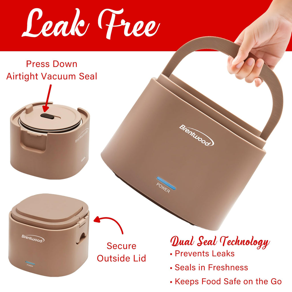 Brentwood ELB-600PK 0.6L Portable Leakproof Electric Lunch Box - Pink, 50W Food Warmer with Stainless Steel Container
