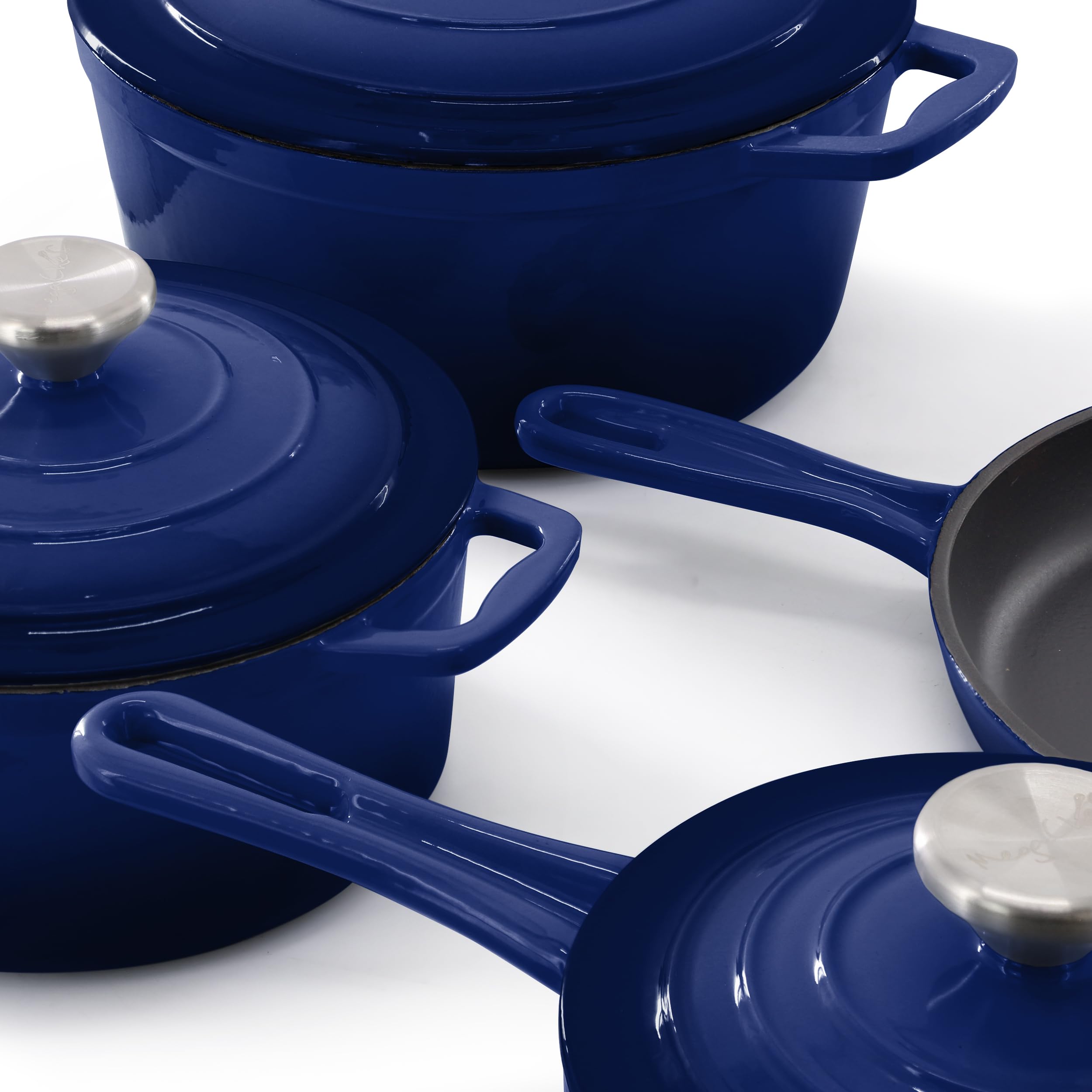 MegaChef 7-Piece Enameled Cast Iron Cookware Set in Blue — 5-Qt Dutch Oven, Skillet, Saucepan, Sauté & Lids, Induction-Compatible Heirloom Cookware