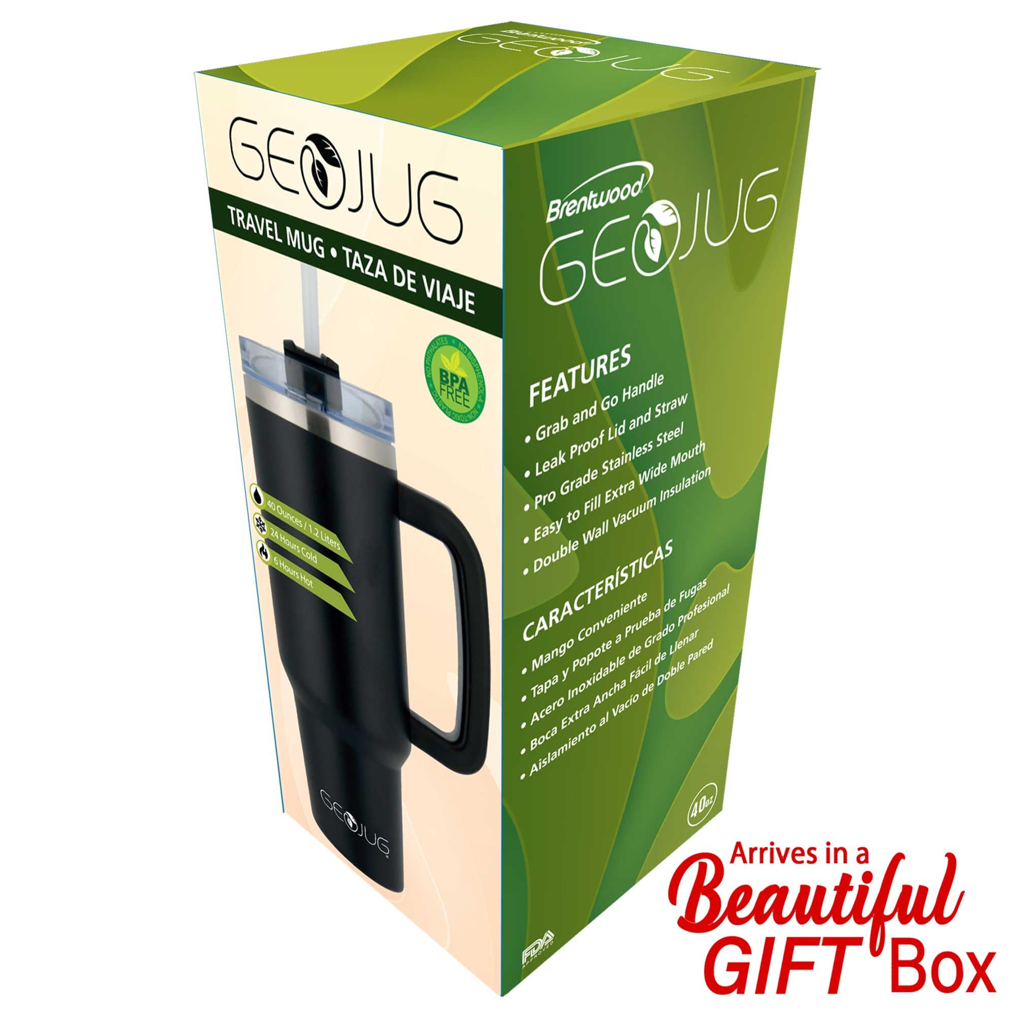 Brentwood GEOJUG 40 oz Insulated Stainless Steel Tumbler – Black with Handle, Lid & Straw