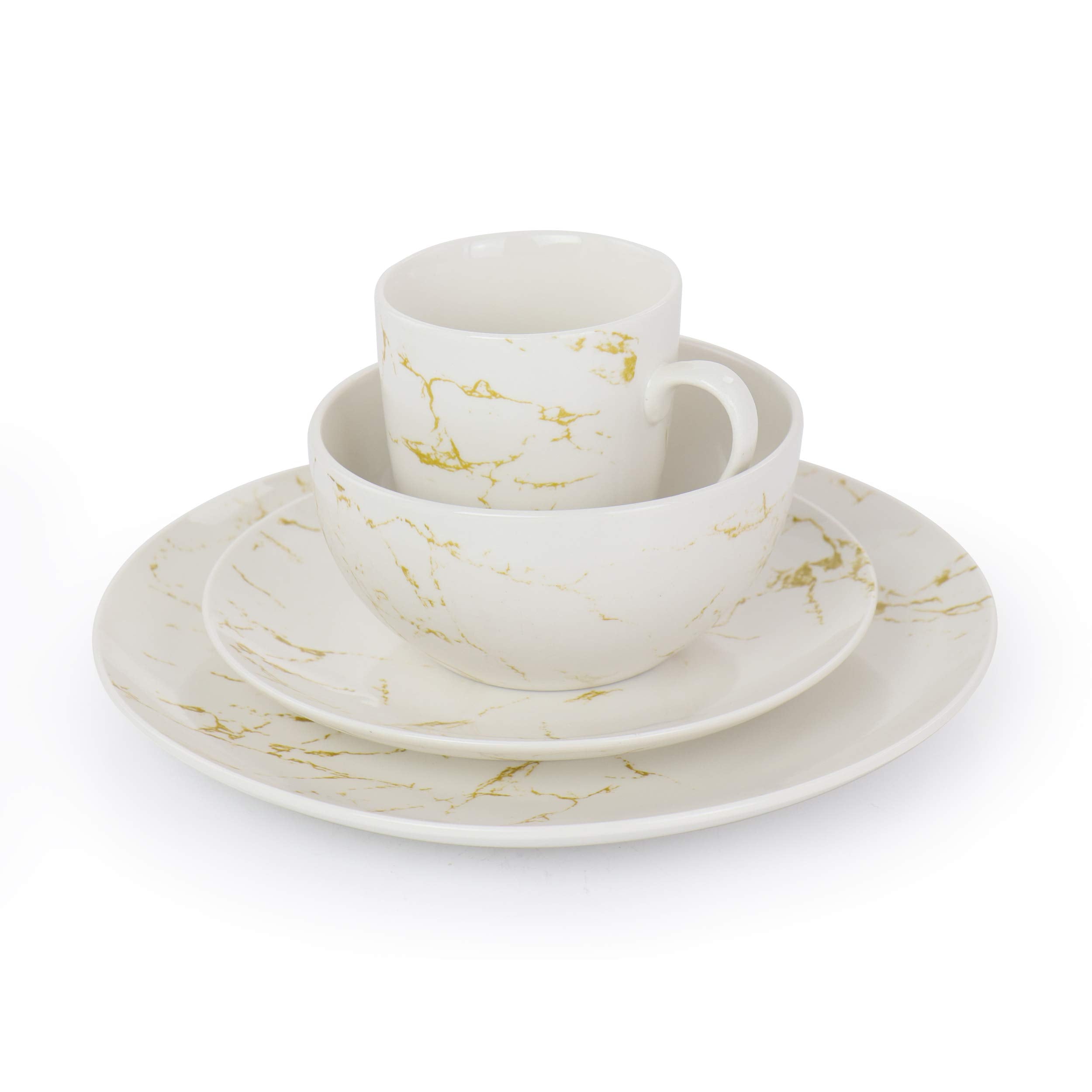 Elama Fine Marble 16-Piece Stoneware Dinnerware Set – Gold & White Marble Pattern with Glossy Glaze, 4 Plates, 4 Salad Plates, 4 Bowls & 4 Mugs (Service for 4)