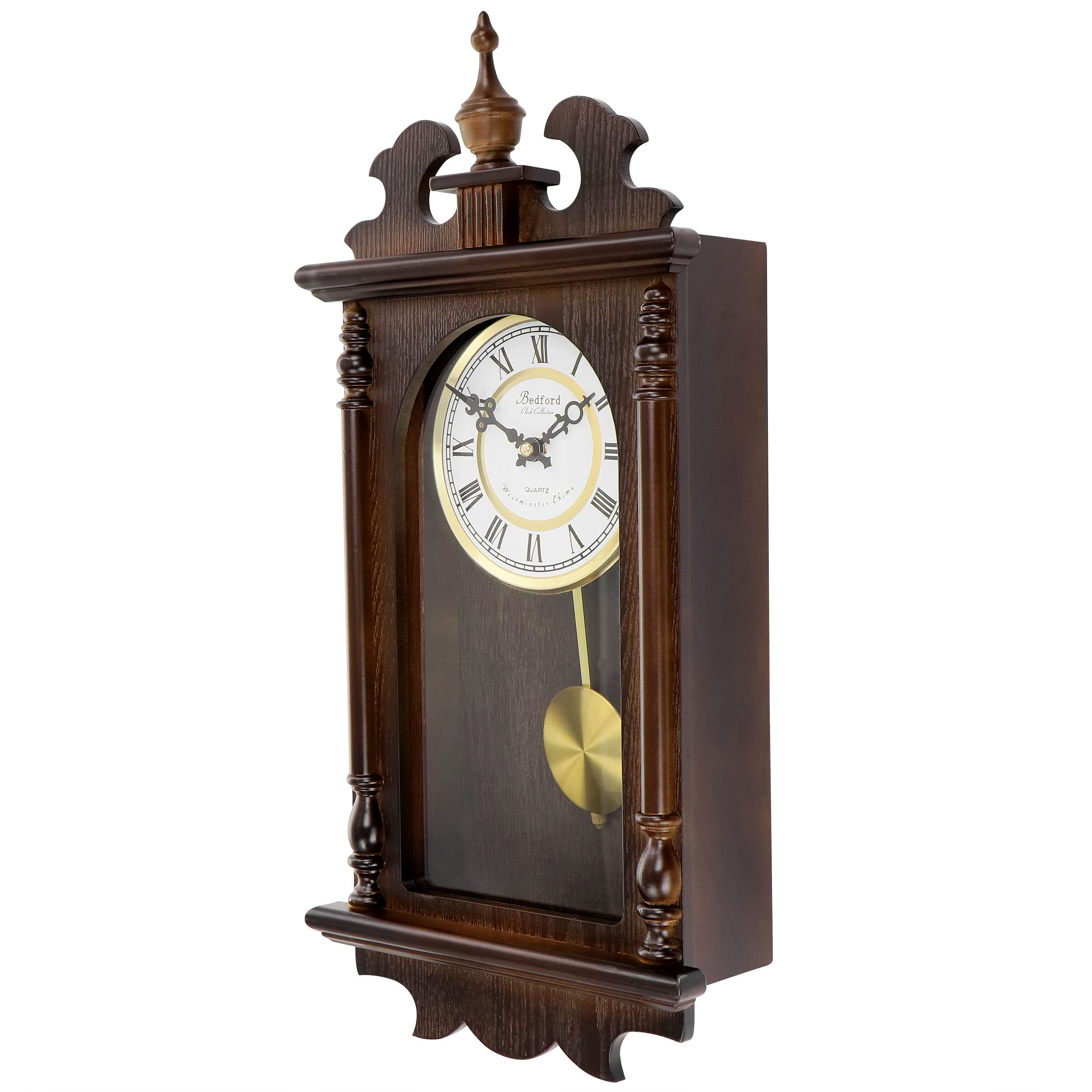 Bedford Clock Collection Leo 21" Chestnut Wood Chiming Pendulum Wall Clock – Quartz Westminster Chimes with Swinging Pendulum & Roman Numeral Dial