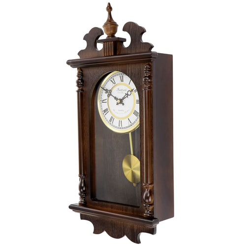 Bedford Clock Collection Leo 21" Chestnut Wood Chiming Pendulum Wall Clock – Quartz Westminster Chimes with Swinging Pendulum & Roman Numeral Dial
