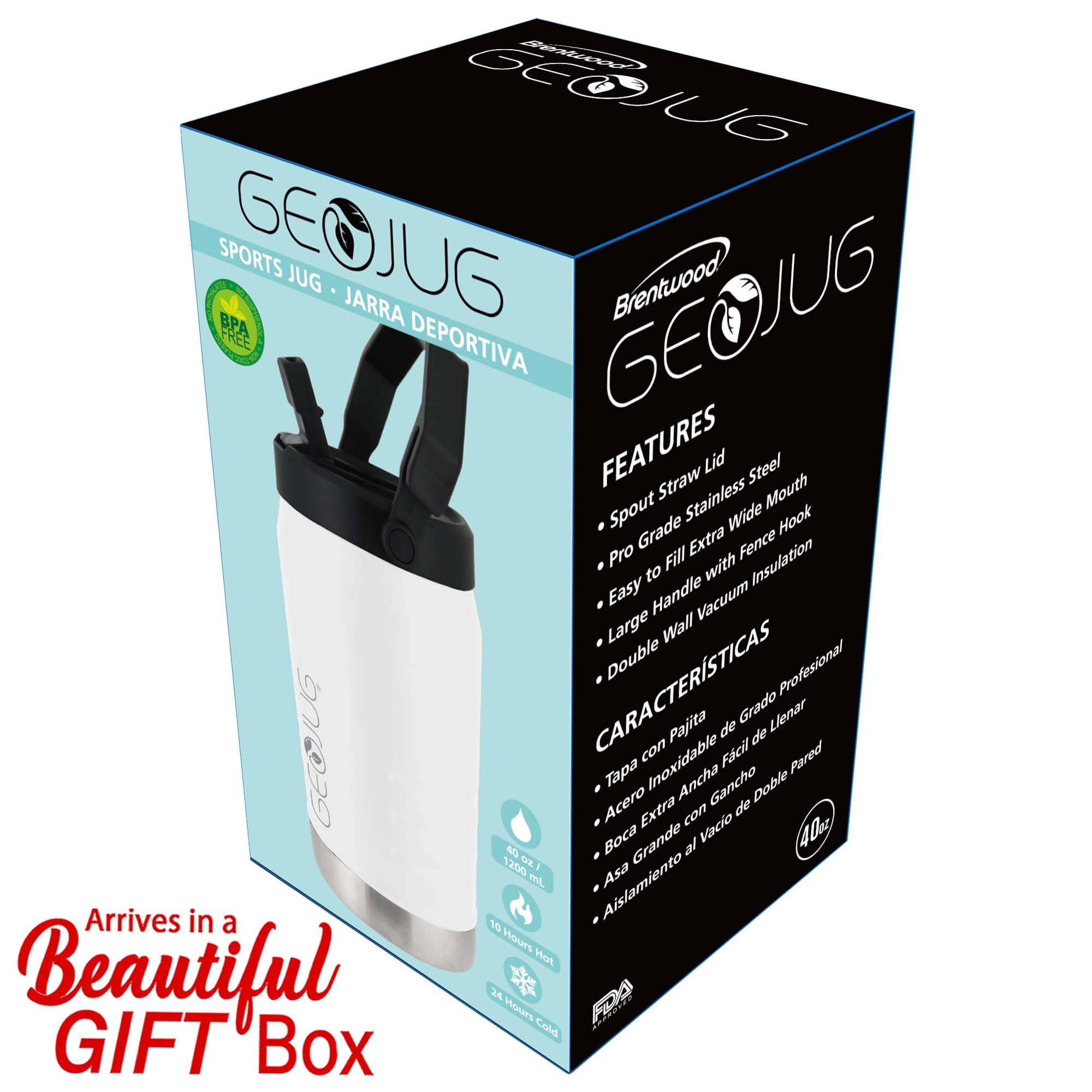 Brentwood GeoJug G-1200CRM 40oz Stainless Steel Vacuum-Insulated Water Jug, Cream - Straw Lid, Carry Handle & Fence Hook