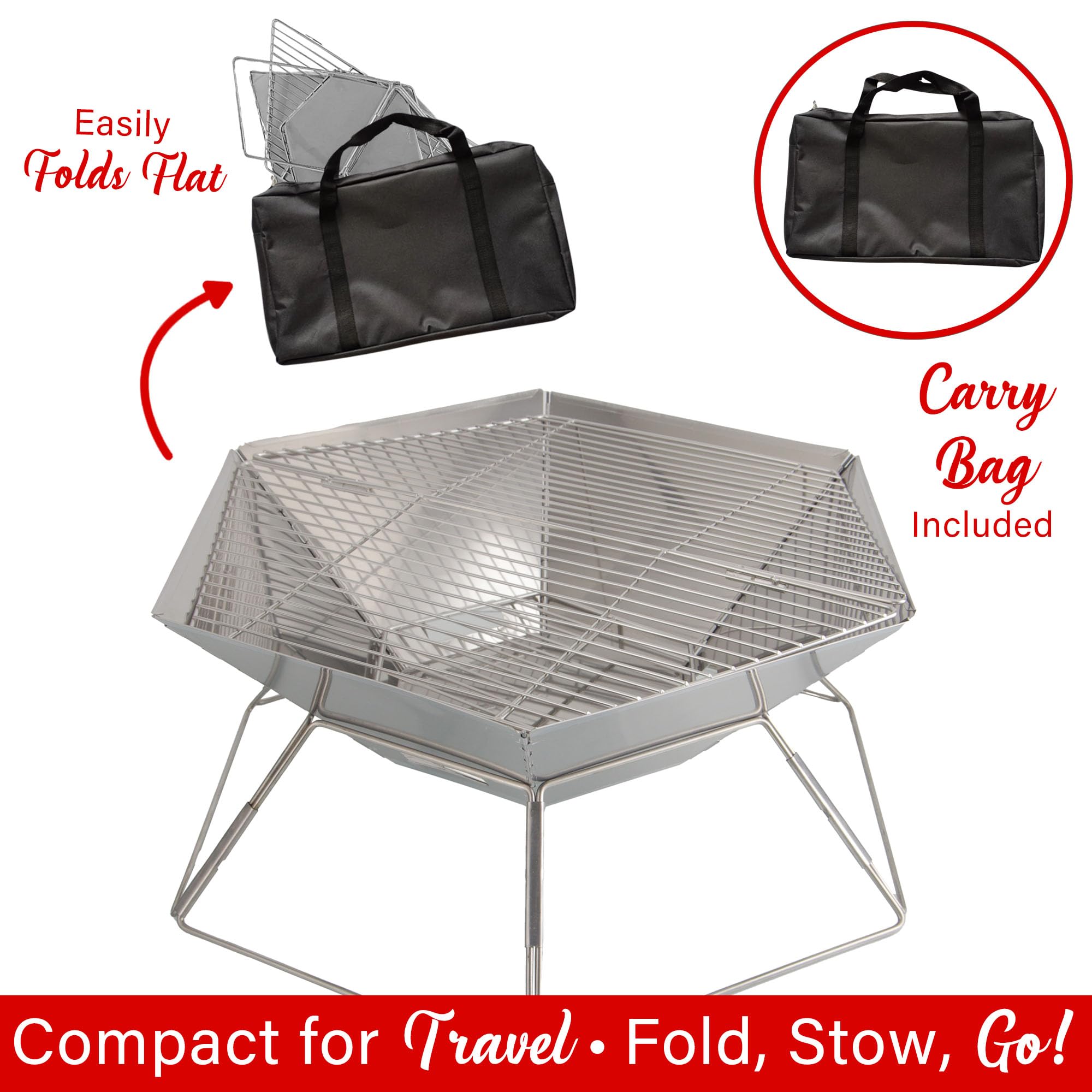 Brentwood BB-6X20SS 20 Inch Portable Folding Stainless Steel Charcoal BBQ Grill and Fire Pit with Carry Bag