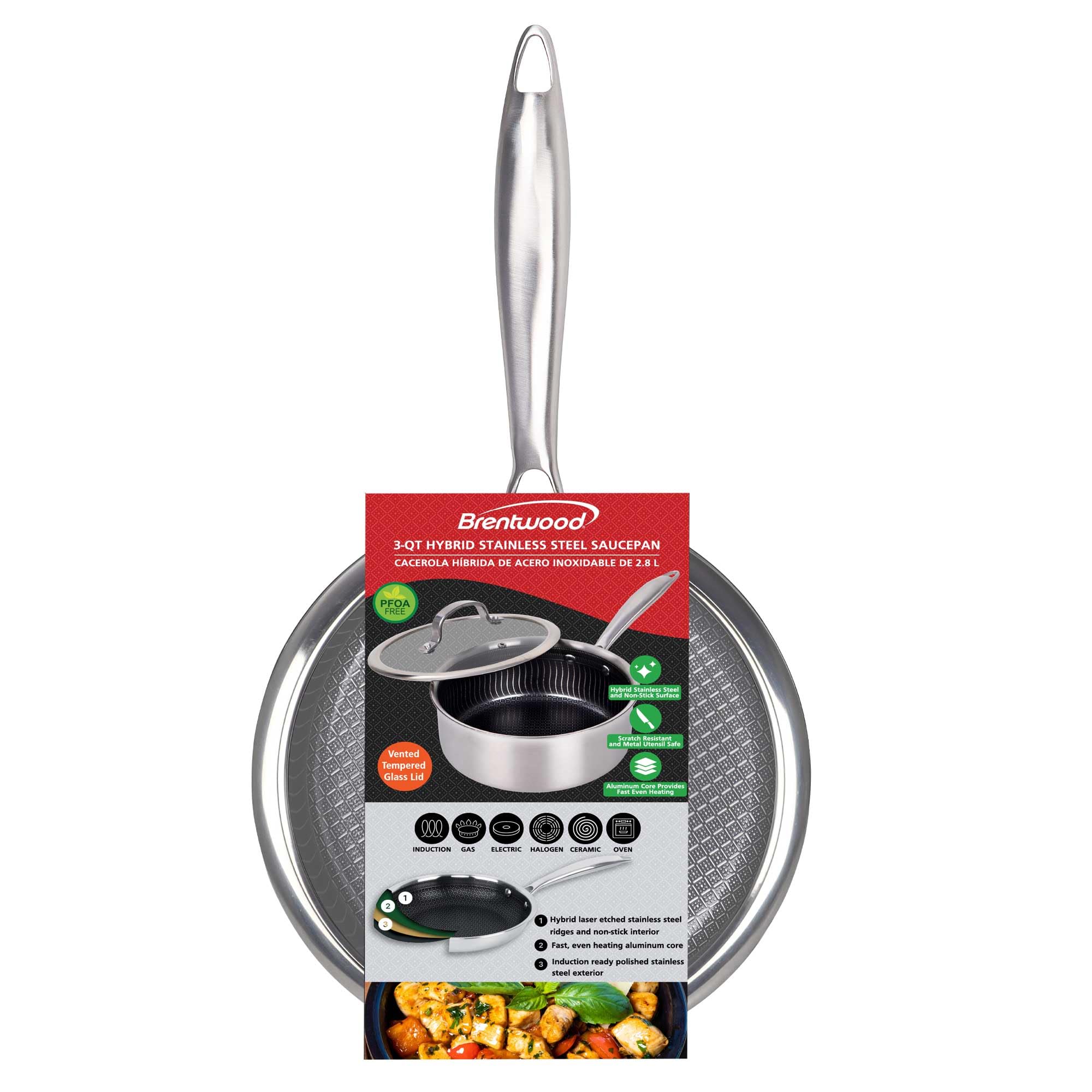 Brentwood B-SPH20L 3 Quart 3-Ply Hybrid Non-Stick Stainless Steel Saucepan with Tempered Glass Lid - Induction Ready, Oven Safe to 570F