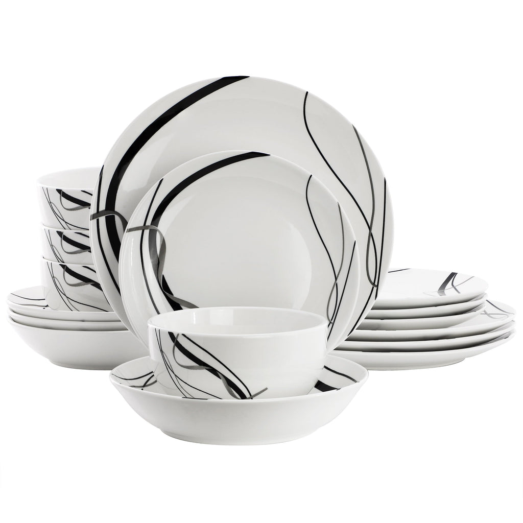Elama Sarah 16 Piece Porcelain Double Bowl Black Ribbon Dinnerware Set, Service for 4 in White and Black
