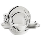 Elama Sarah 16 Piece Porcelain Double Bowl Black Ribbon Dinnerware Set, Service for 4 in White and Black